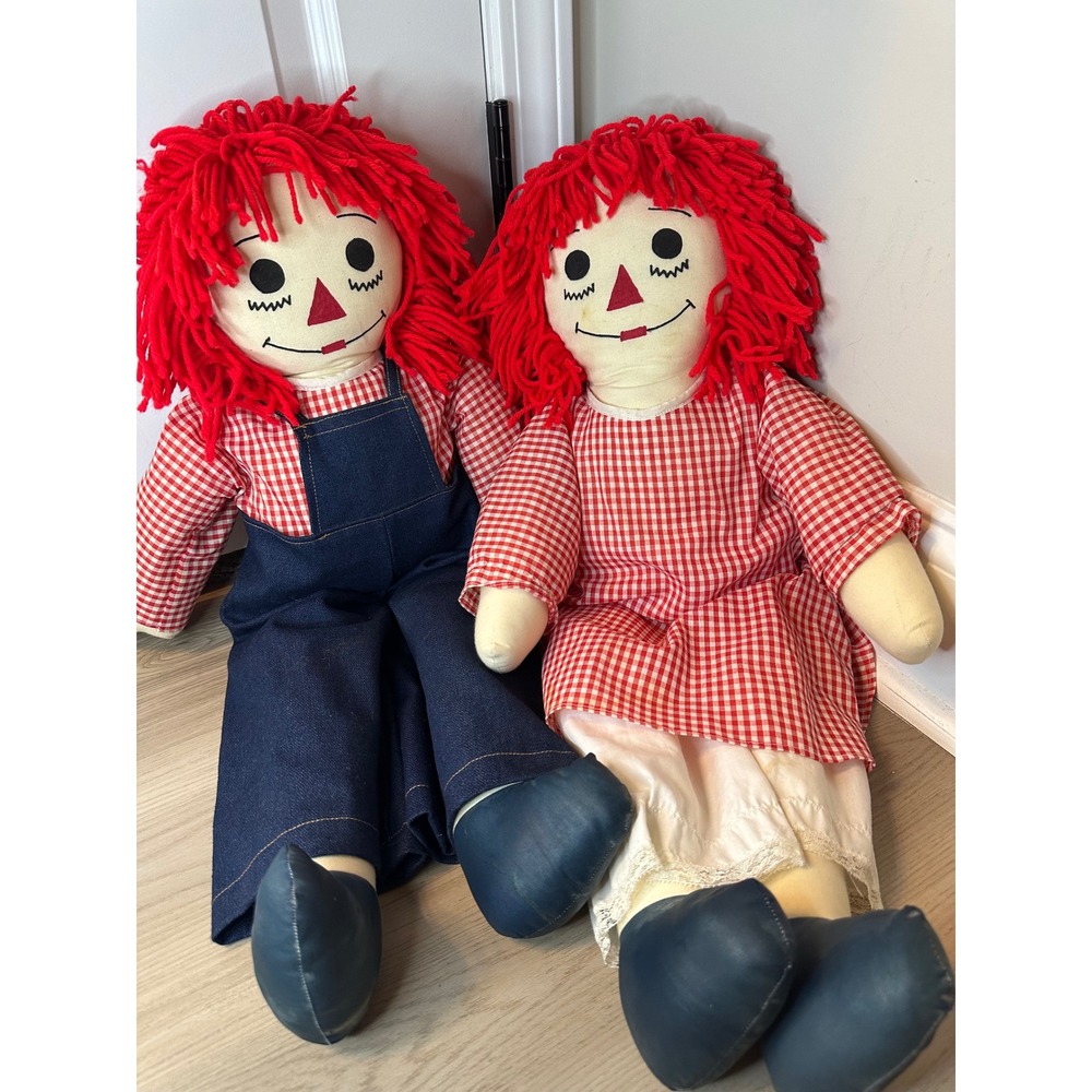 Vintage Raggedy Ann and Andy 25 Inch Handmade Cloth Dolls Pair Red Gingham Denim